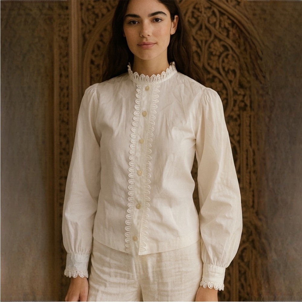 Vtg 1970s Mardi Modes White Victorian Ruffle Lace High Neck Button Front Blouse